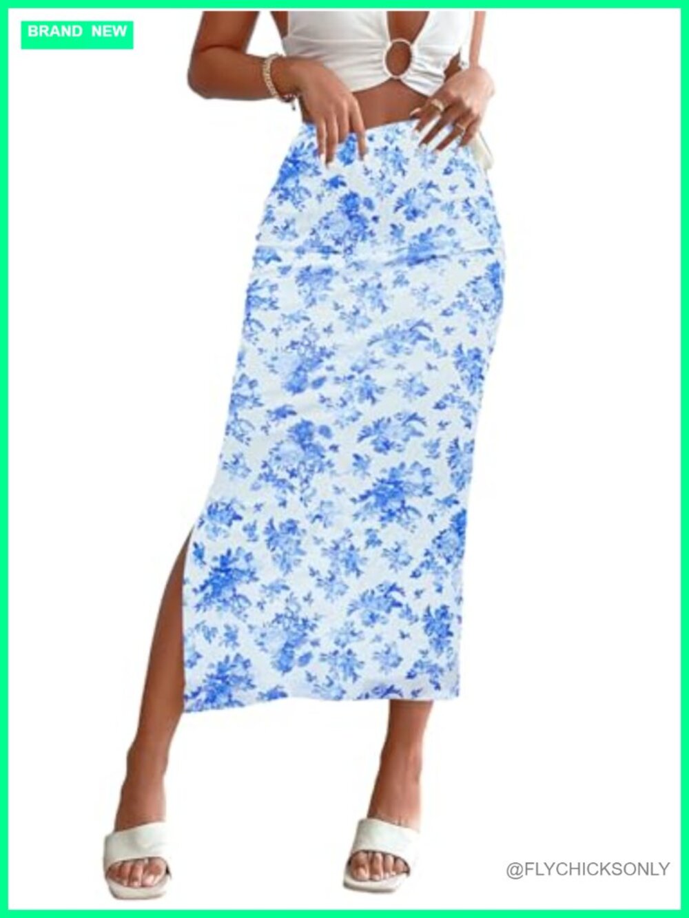 Floral Mesh Midi High Waisted Slit Hem Boho Summer Skirt